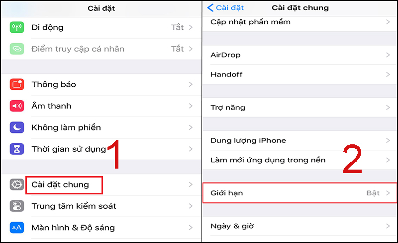 Vào mục Giới hạn trong Cài đặt