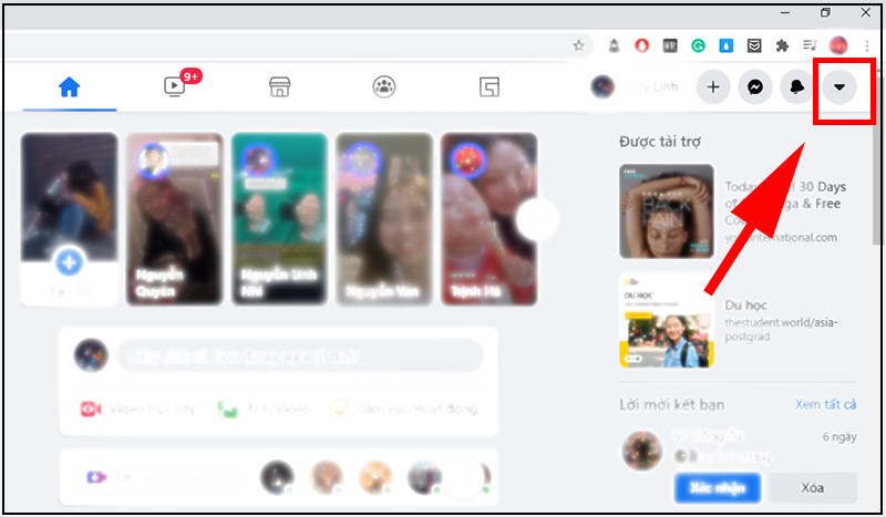 Chọn dấu mũi tên ngược góc trên bên trái Facebook