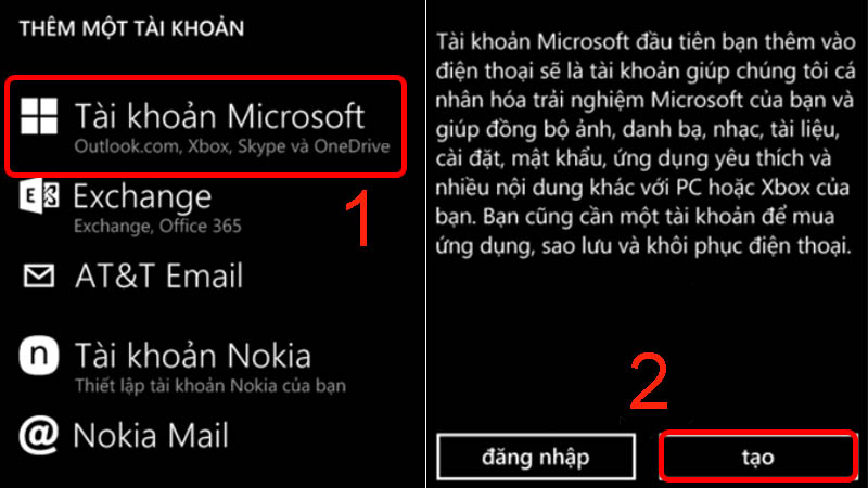 Nhấn giữ T&agrave;i khoản Microsoft rồi chọn tạo để ho&agrave;n th&agrave;nh