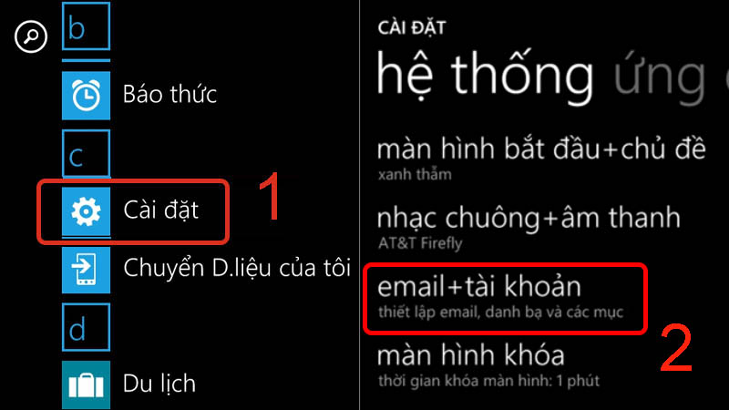  V&agrave;o C&agrave;i đặt rồi chọn mục email+t&agrave;i khoản