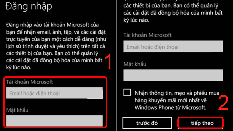 Điền th&ocirc;ng tin email v&agrave; mật khẩu rồi nhấn v&agrave;o tiếp theo