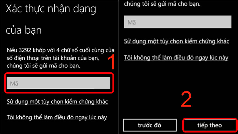 Nhập v&agrave;o m&atilde; x&aacute;c nhận được gửi qua tin nhắn rồi nhấn v&agrave;o tiếp theo