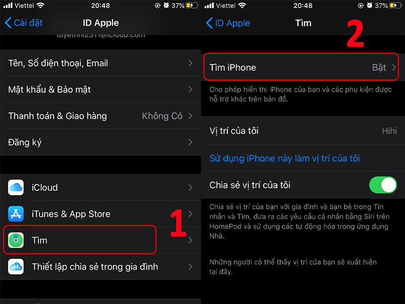 Thiết lập cài đặt Tìm iPhone