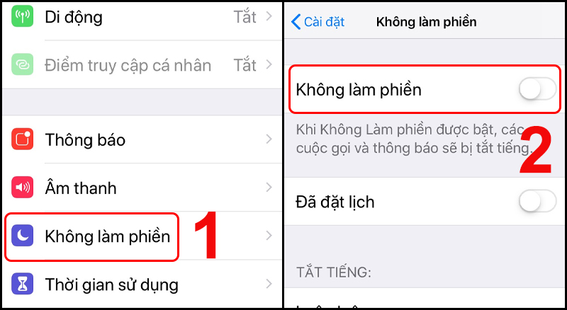 Thao tác bật hoặc tắt tính năng Không làm phiền trong Cài đặt