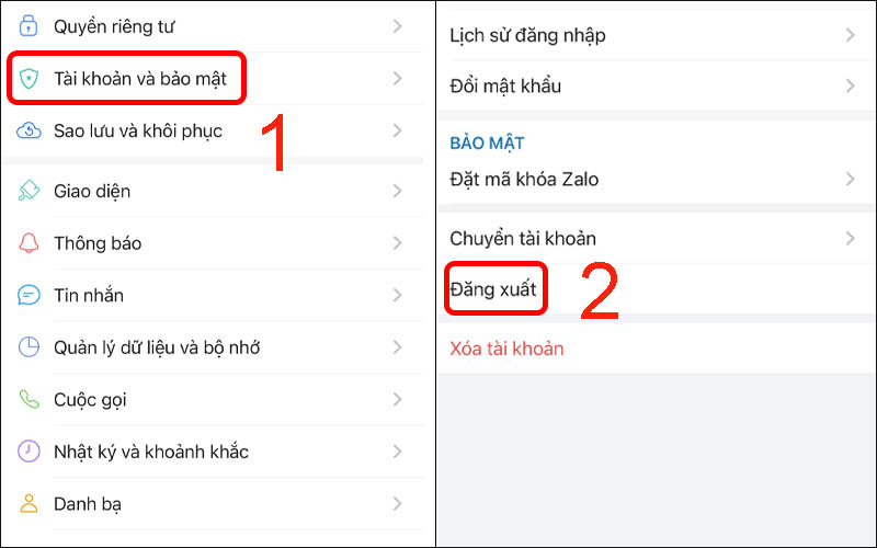 Chọn Tài khoản và bảo mật rồi đăng xuất