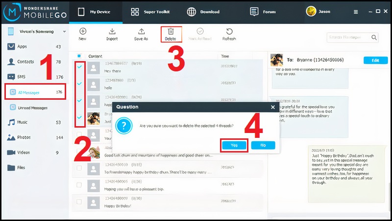 X&oacute;a tin nhắn tr&ecirc;n điện thoại Samsung Galaxy th&ocirc;ng qua phần mềm Wondershare MobileGo for Android tr&ecirc;n m&aacute;y t&iacute;nh