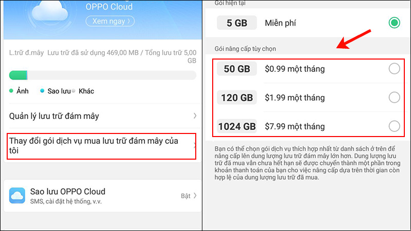 Chọn Thay đổi gói dịch vụ mua lưu trữ đám mây của tôi để mua thêm dung lượng
