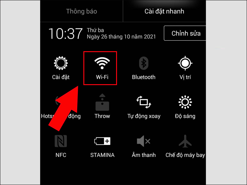 Ấn v&agrave;o biểu tượng WiFi tr&ecirc;n bảng th&ocirc;ng b&aacute;o nhanh
