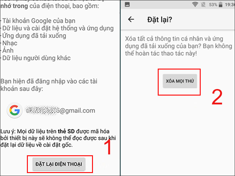 Nhấp v&agrave;o Đặt lại điện thoại để reset m&aacute;y