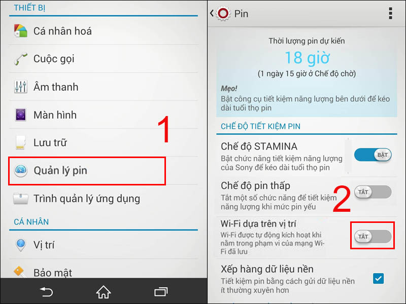 Chọn Quản l&yacute; pin v&agrave; tắt mục WiFi dựa tr&ecirc;n vị tr&iacute;
