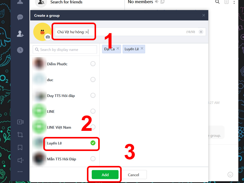 Đặt tên cho nhóm nhấn thêm thành viên và chọn Add để tạo nhóm