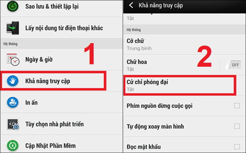 Chọn mục Khả năng tiếp cận v&agrave; chọn Cử chỉ ph&oacute;ng đại