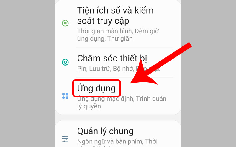 Chọn mục Ứng dụng trong phần Cài đặt