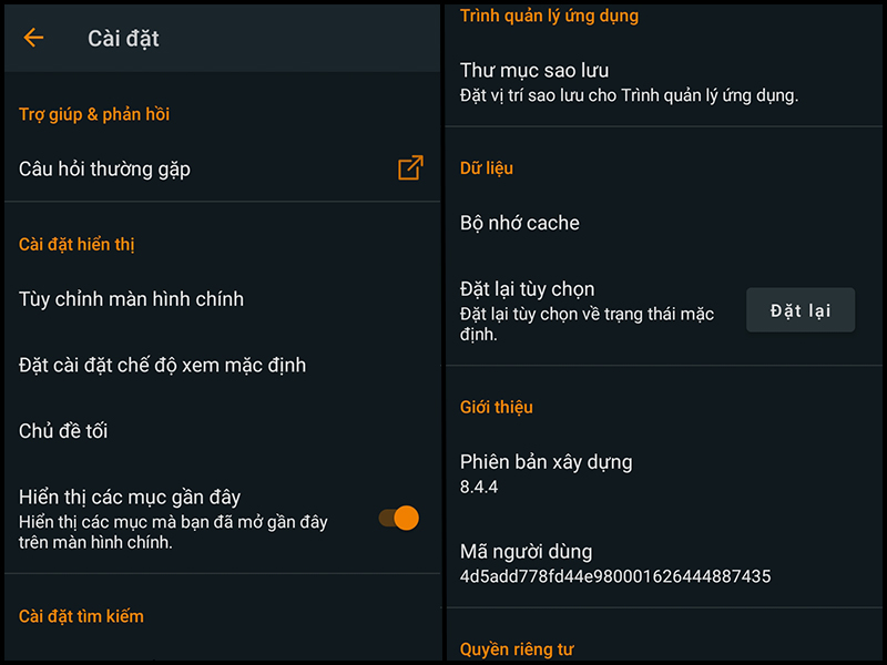 C&aacute;c t&ugrave;y chọn trong phần C&agrave;i đặt