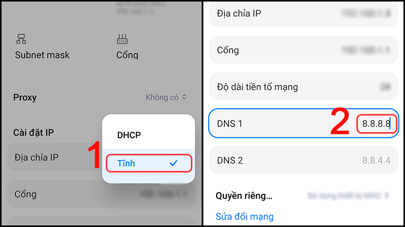 Nhập 8.8.8.8 tại DNS 1