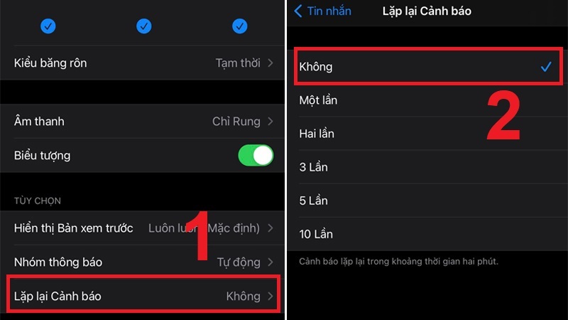 Chọn số lần lặp lại thông báo là Không