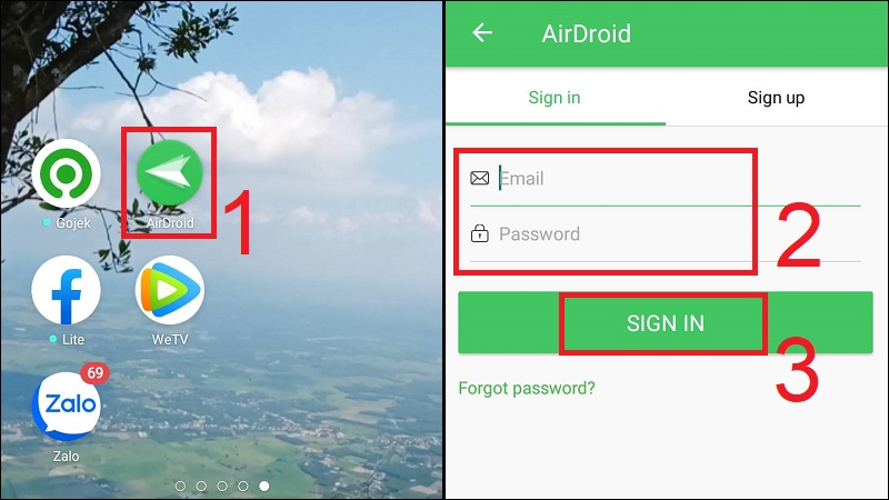 Mở và đăng nhập vào tài khoản AirDroid