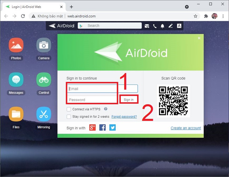 Truy cập và đăng nhập AirDroid trên máy tính