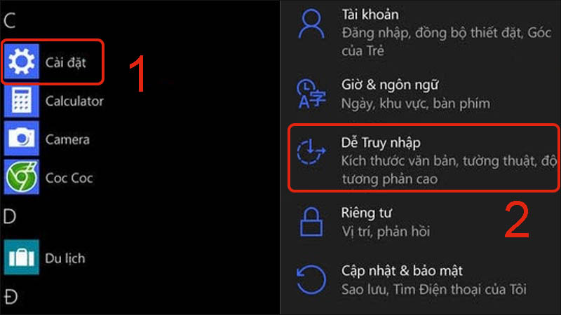 V&agrave;o C&agrave;i đặt rồi chọn mục Dễ truy cập