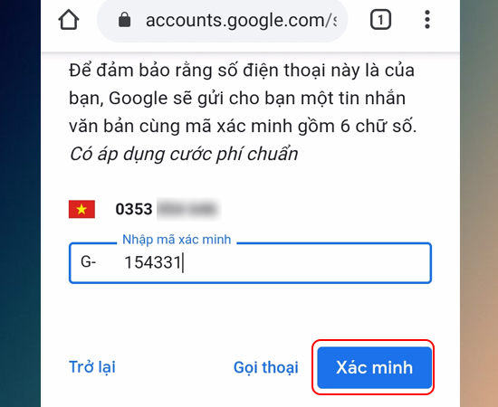 Bước 5: Tại đây bạn nhập mã xác minh > Xác minh.