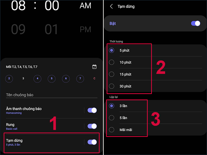 Bạn có thể chọn thời gian báo lại và số lần báo lại của báo thức tùy ý muốn