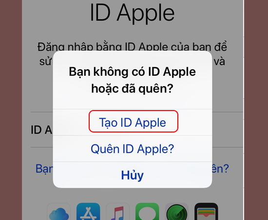 Bước 2: Chọn Bạn không có ID Apple hoặc đã quên? -> Tạo ID Apple để đăng ký iCloud.