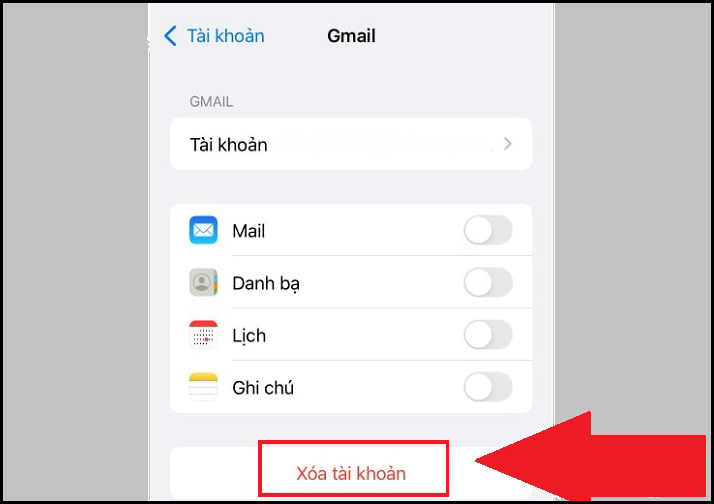 Bấm Xóa tài khoản để gỡ ra khỏi iPhone