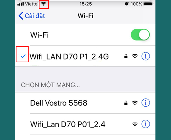 Quá trinh kết nối thành công sẽ xuất hiện sóng Wi-Fi ở góc trên màn hình và biểu tượng tích xanh ở điểm truy cập Wi-Fi bạn vừa kết nối.