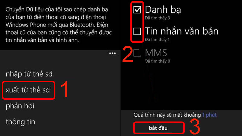 Chọn mục xuất từ thẻ sd, tick chọn dữ liệu cần sao lưu rồi chọn bắt đầu
