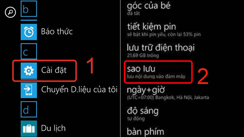 V&agrave;o C&agrave;i đặt rồi chọn mục sao lưu