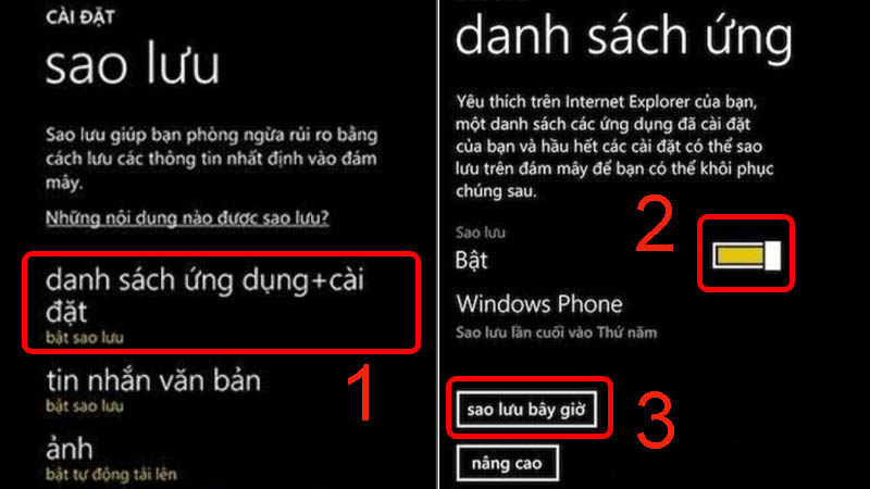 Chọn mục danh s&aacute;ch ứng dụng + c&agrave;i đặt, bật sao lưu rồi chọn sao lưu ngay b&acirc;y giờ