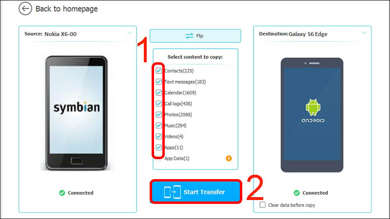 Chọn loại tệp bạn muốn sao lưu v&agrave; nhấp v&agrave;o Start Transfer 