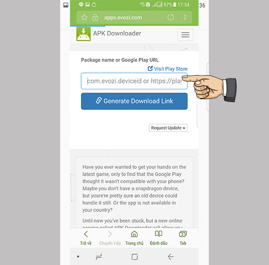 Vào trang web apps.evozi.com/apk-downloader >> dán link vào ô bên dưới