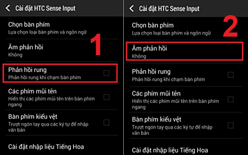 Tick bỏ chọn Phản hồi Rung v&agrave; chọn &Acirc;m phản hồi