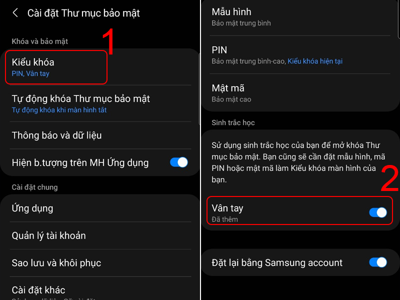 Chọn Kiểu khóa và bật kiểu khóa bằng quét vân tay/quét võng mạc