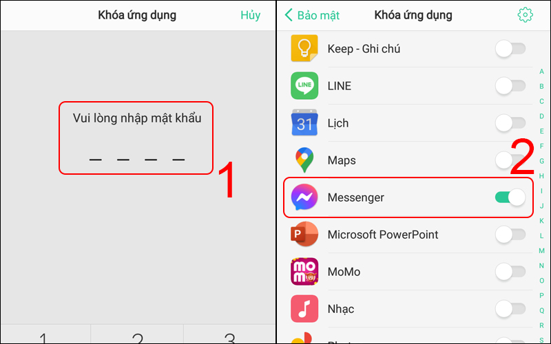 Nhập mật khẩu và chọn ứng dụng bạn cần khóa