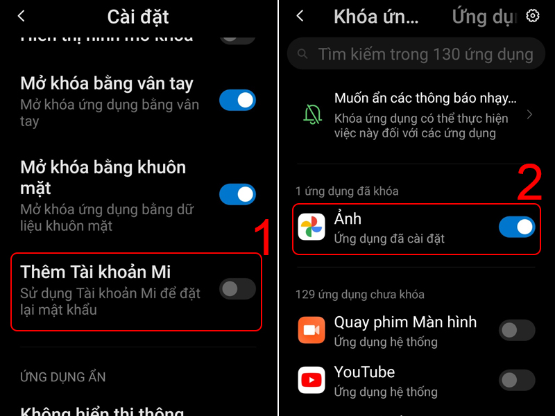 Thêm tài khoản Mi và chọn ứng dụng cần khóa