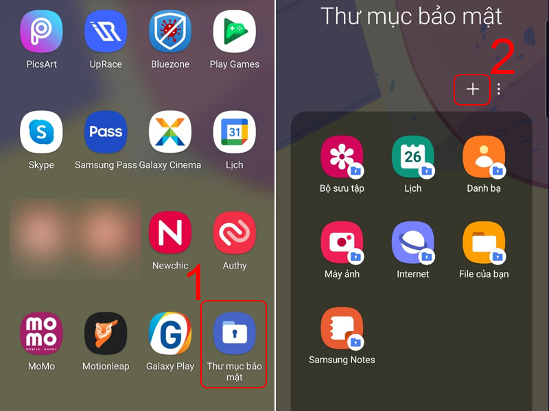 Vào Thư mục bảo mật và nhấn nút + để thêm ứng dụng cần khóa