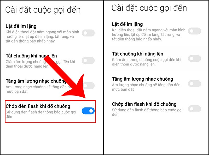 Kéo mục Chớp đèn flash khi đổ chuông sang trái