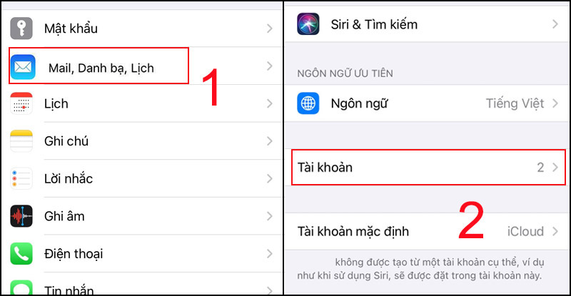 Chọn Mail, Danh bạ, Lịch trong phần cài đặt