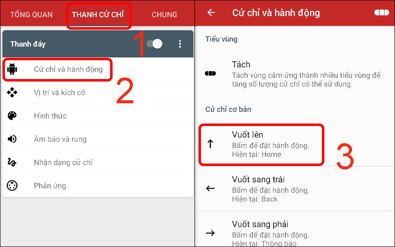 Nhấn vào Thanh cử chỉ, chọn Cử chỉ và Hành động rồi thiết lập các cử chỉ vuốt 