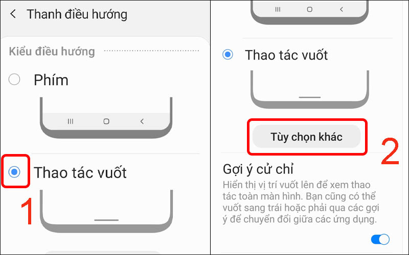  Tick vào mục Thao tác vuốt rồi nhấn vào Tùy chọn khác