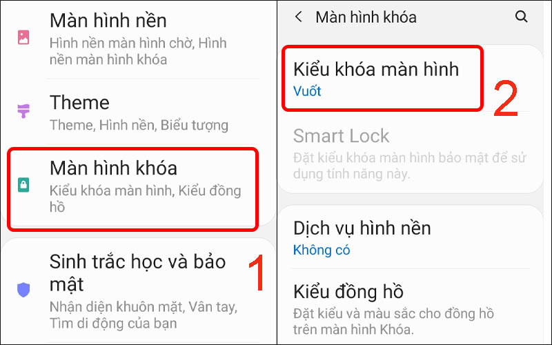 Chọn Màn hình khóa rồi nhấn vào Kiểu khóa màn hình