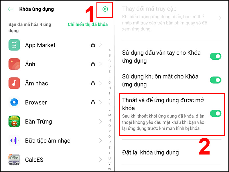 Bật tính năng Thoát và để ứng dụng được mở khóa