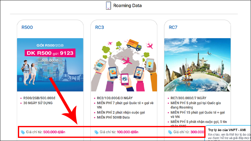 Giá được hiển thị tại trang Roaming Data