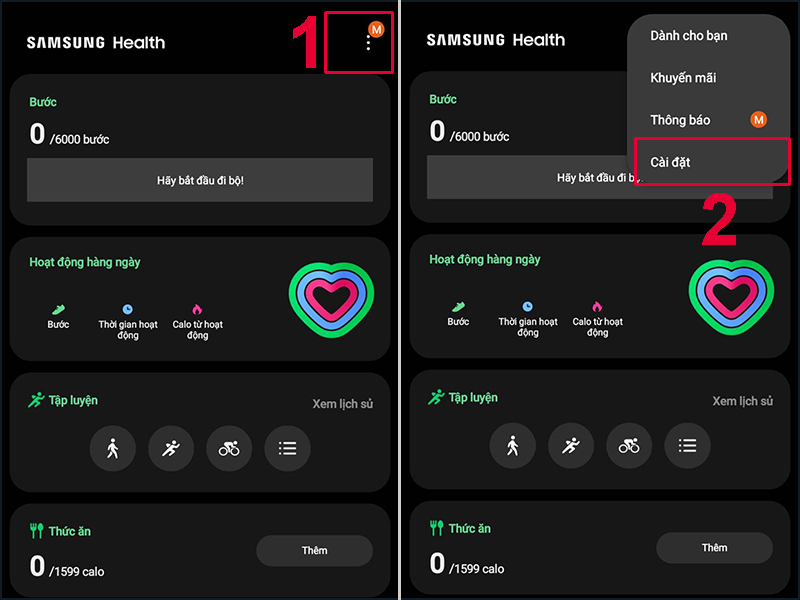 Chọn mục Cài đặt trong ứng dụng Samsung Health