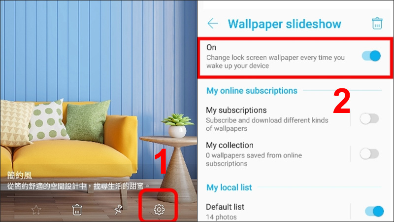 Bật chức năng tr&igrave;nh chiếu m&agrave; h&igrave;nh kh&oacute;a trong mục Wallpaper slideshow