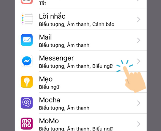 chọn bất kỳ một ứng dụng muốn hiển thị thông báo