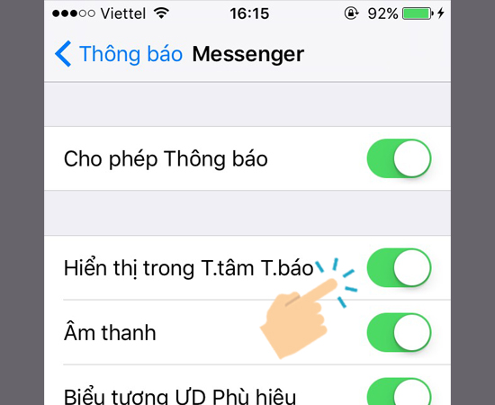 Chọn Hiển thị T.tâm T.báo 