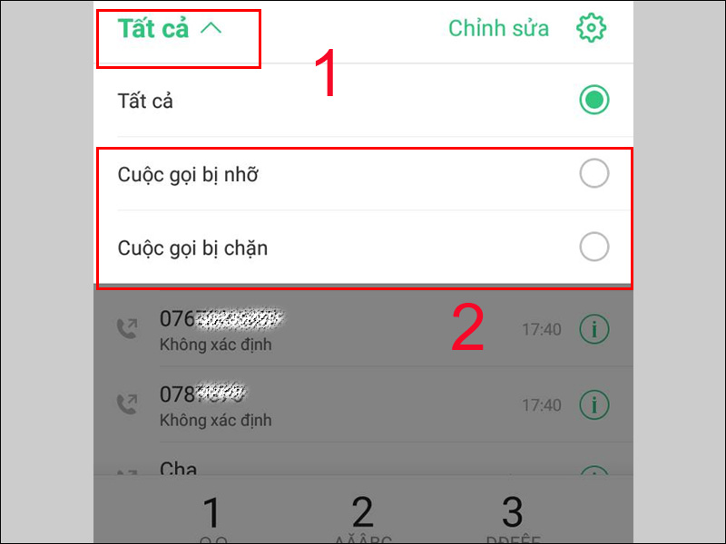 Chọn Cuộc gọi bị nhỡ hoặc Cuộc gọi bị chặn cần hiển thị